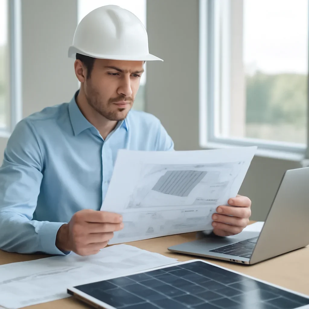Solar consultant reviewing roof and electrical details for a 100 Mile House, BC project