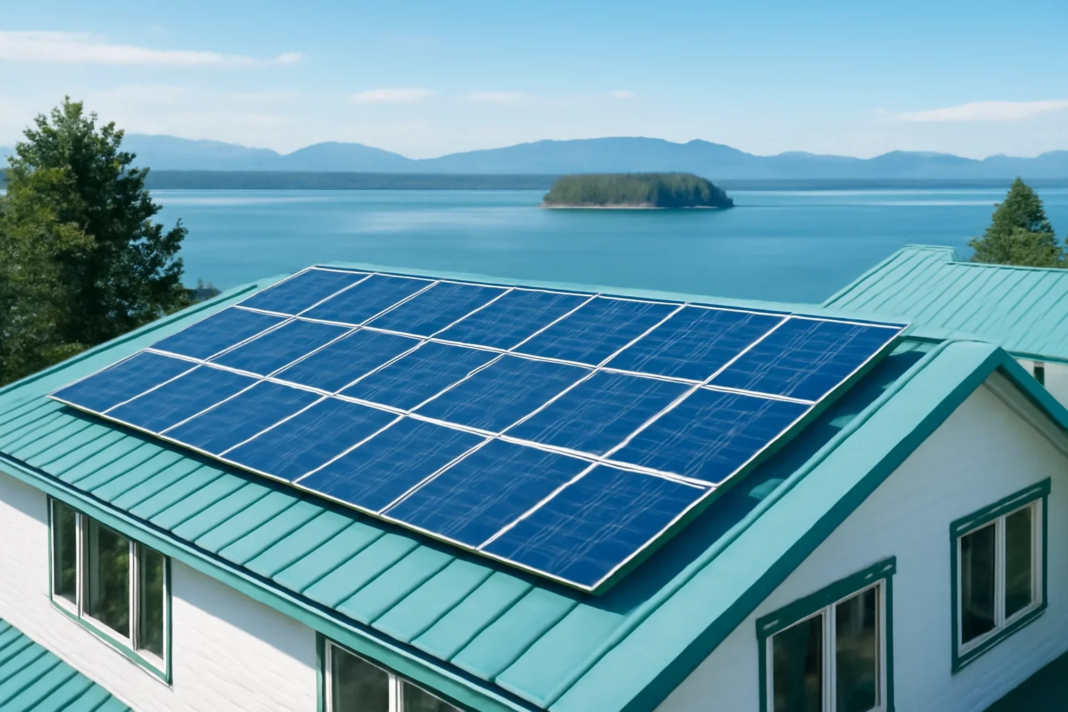 Rooftop solar panels on a property in Alert Bay, BC