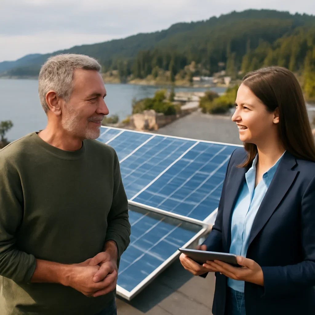 Property owner discussing solar options for Alert Bay, BC