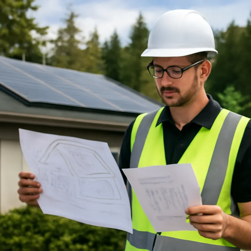 Solar consultant reviewing roof and electrical details for a Anmore, BC project