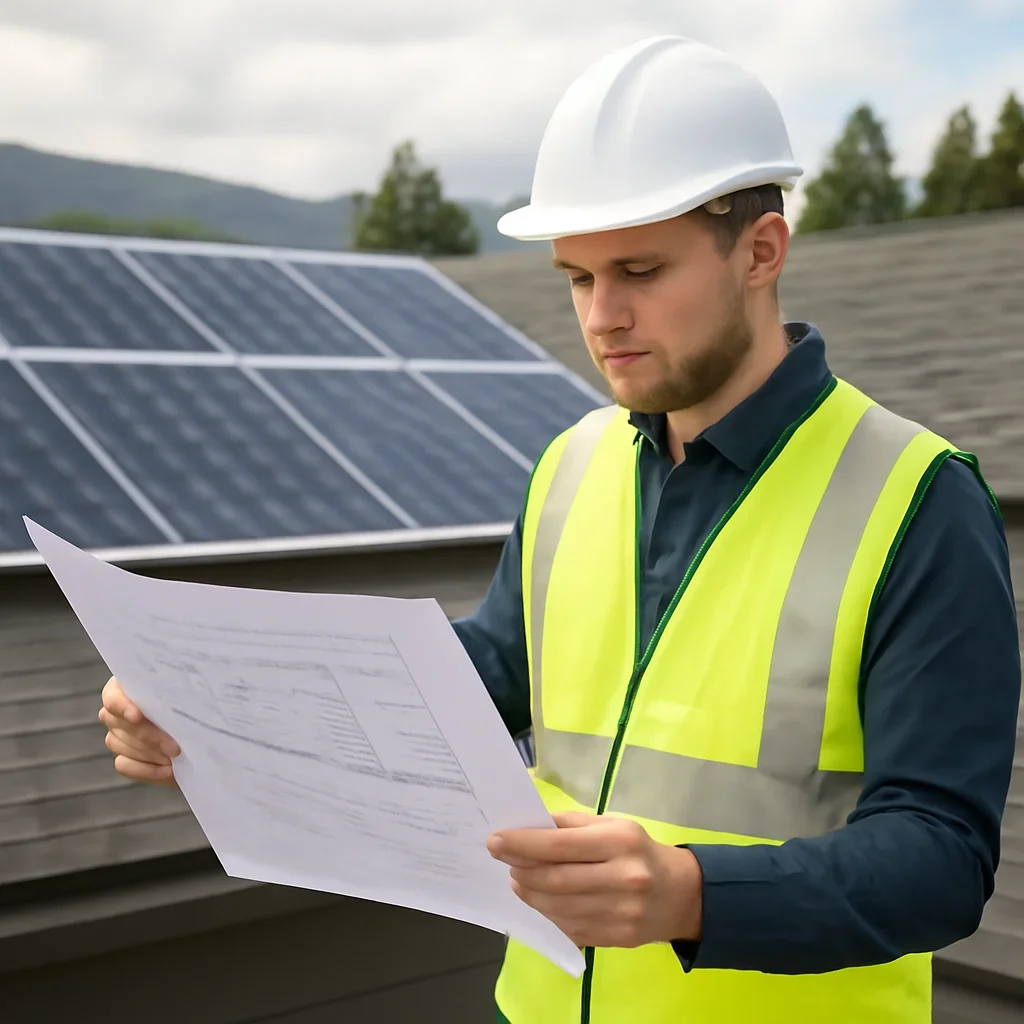Solar consultant reviewing roof and electrical details for a Barriere, BC project