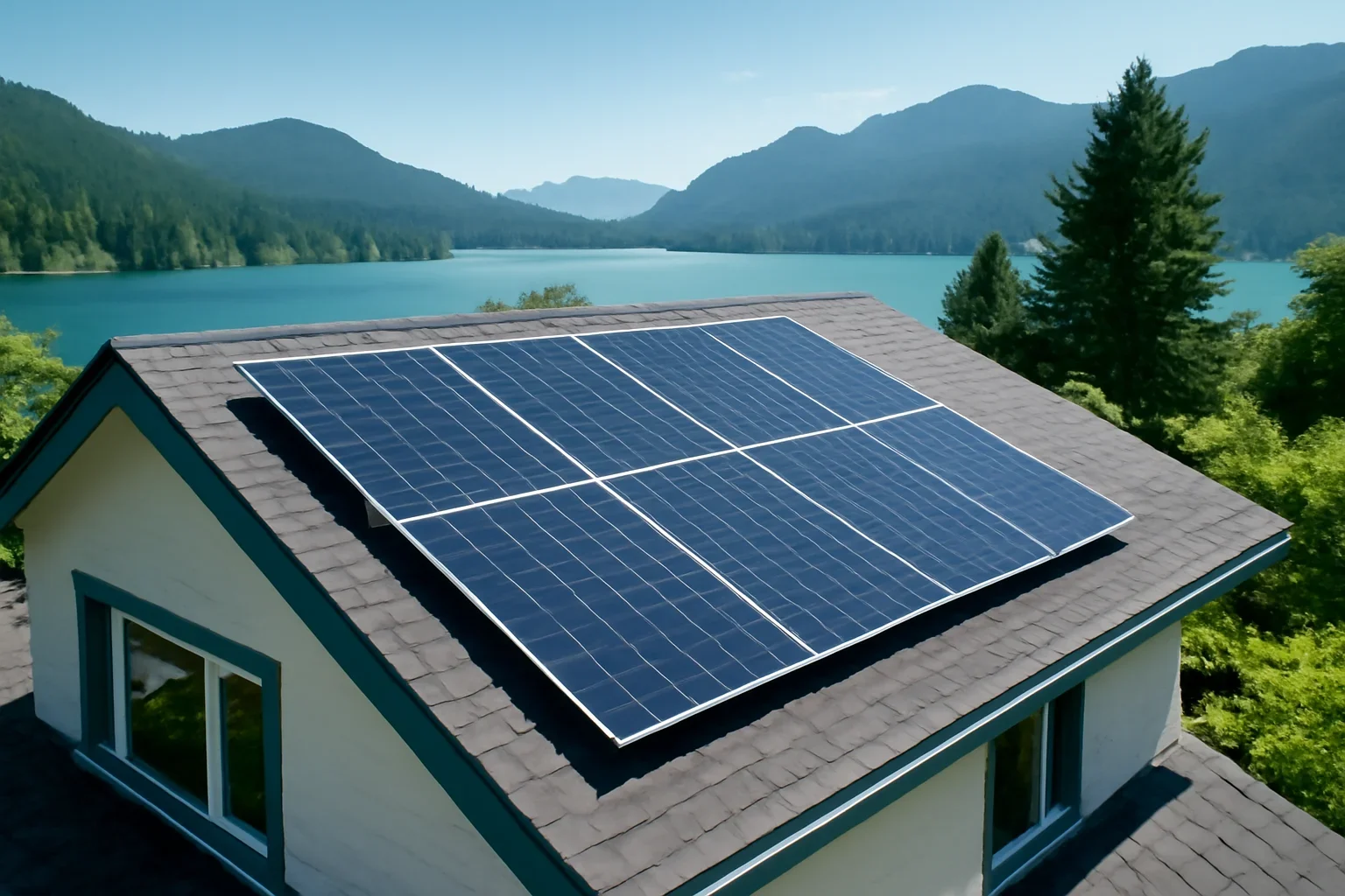 Rooftop solar panels on a property in Belcarra, BC