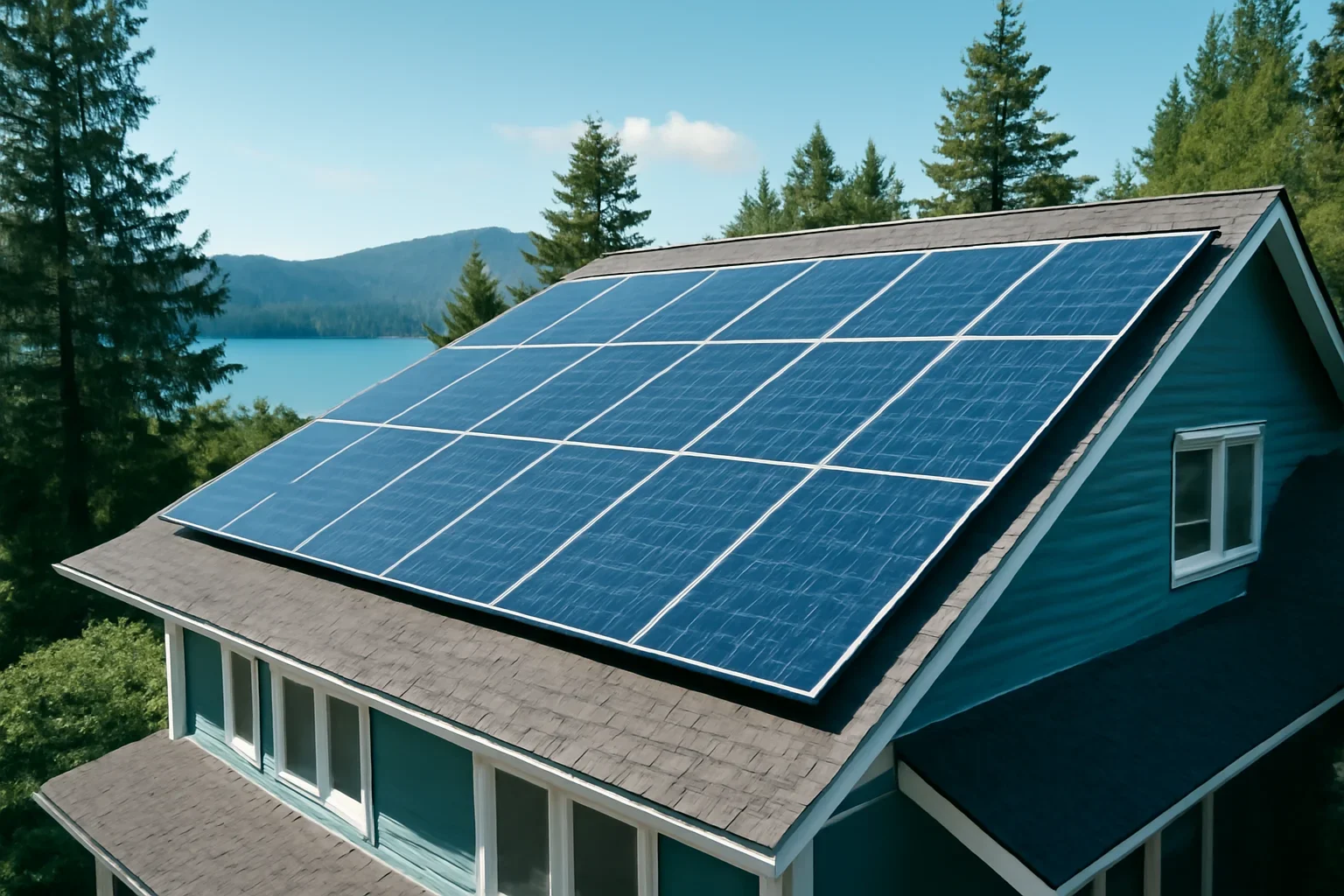 Rooftop solar panels on a property in Bowen Island, BC