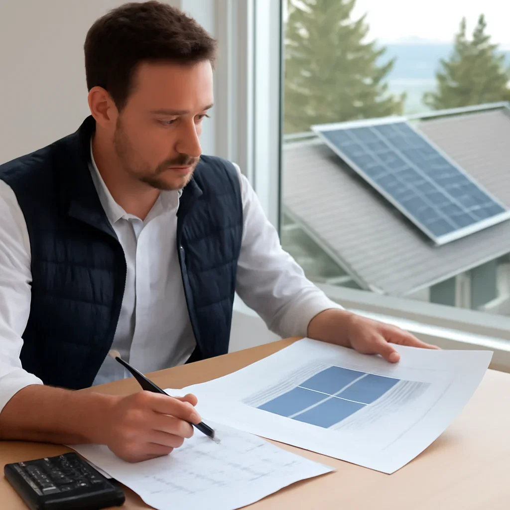 Solar consultant reviewing roof and electrical details for a Bowen Island, BC project