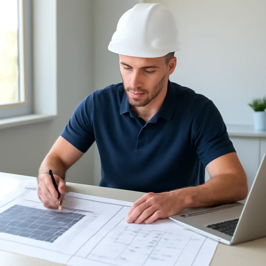 Solar consultant reviewing roof and electrical details for a Castlegar, BC project