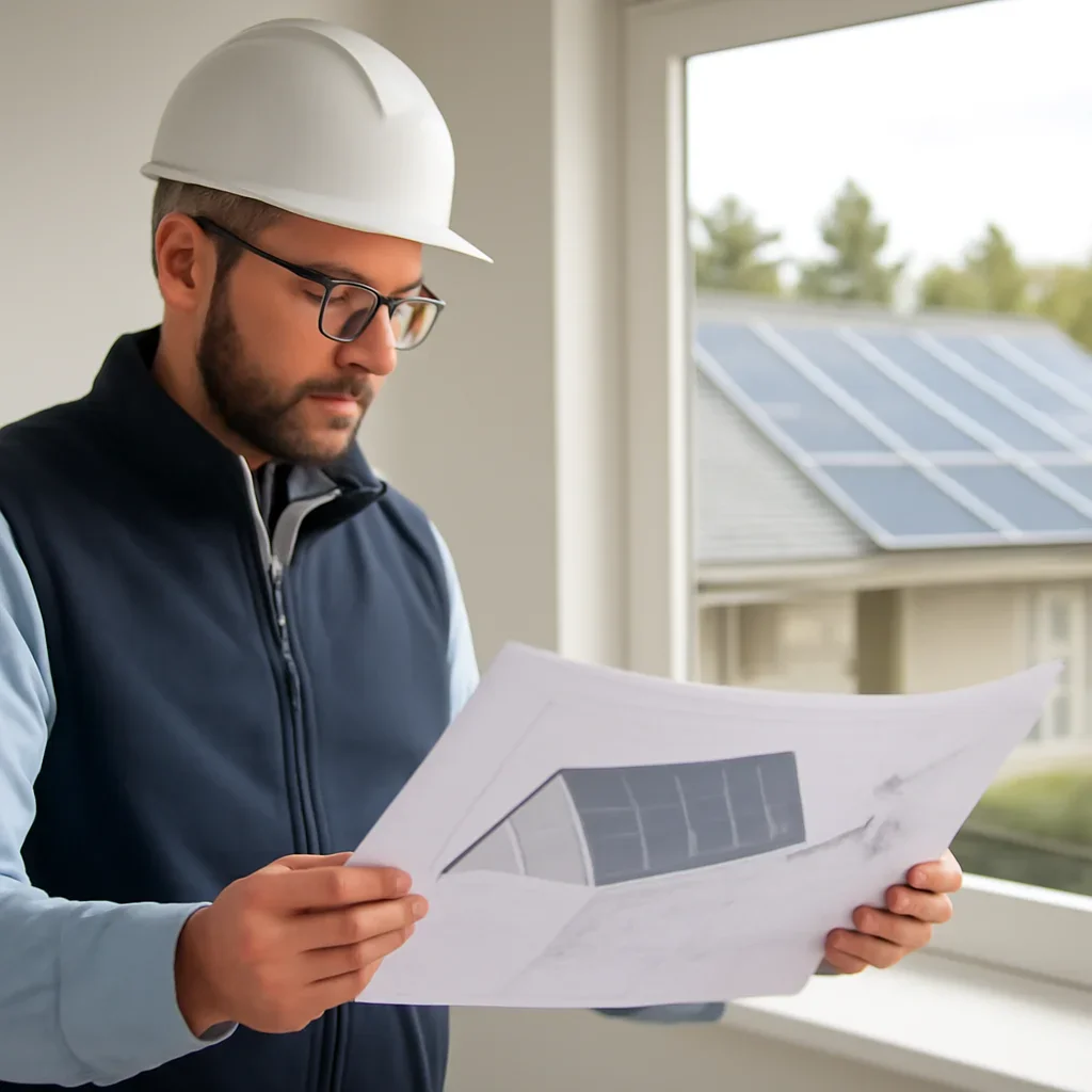 Solar consultant reviewing roof and electrical details for a Central Saanich, BC project