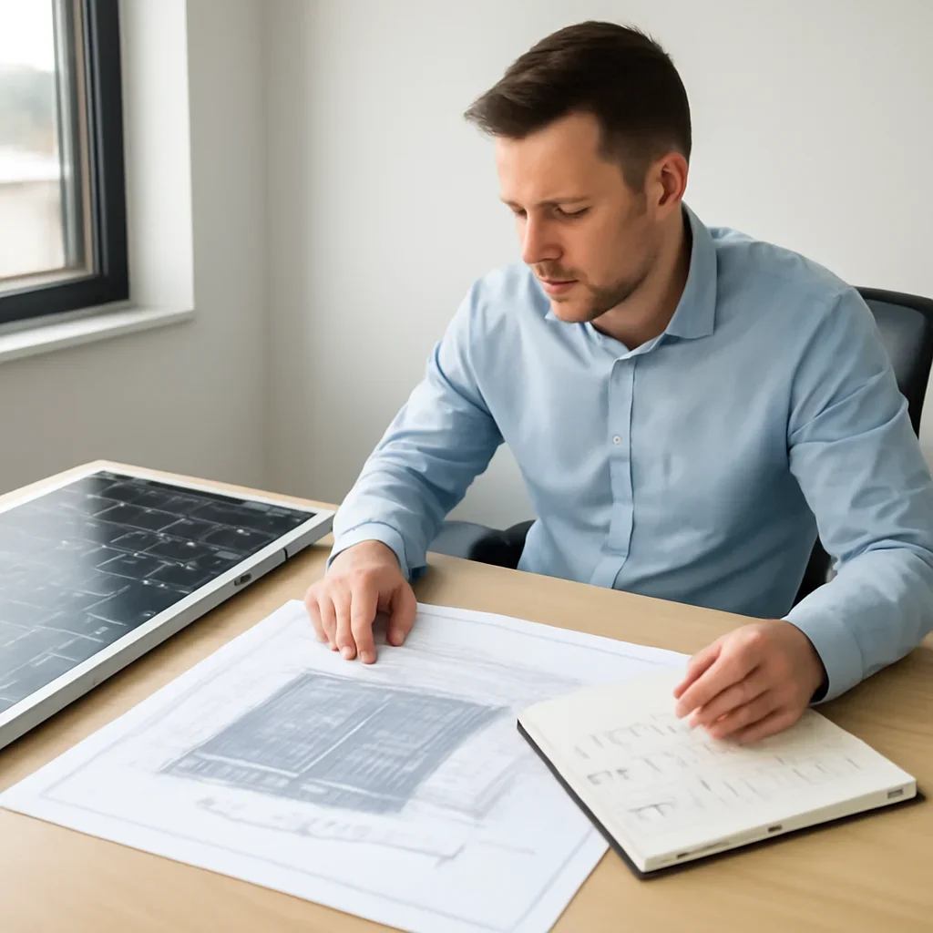Solar consultant reviewing roof and electrical details for a Clinton, BC project