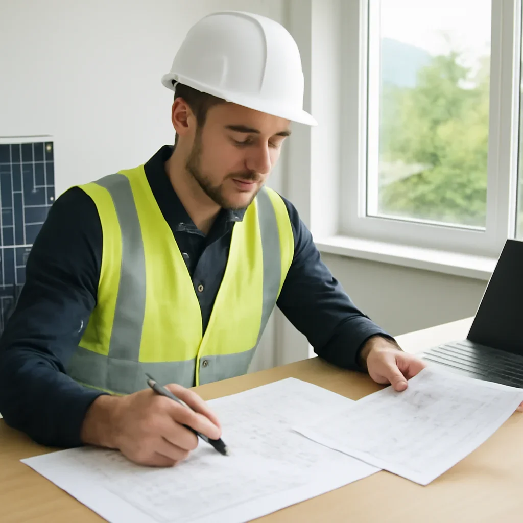 Solar consultant reviewing roof and electrical details for a Coldstream, BC project