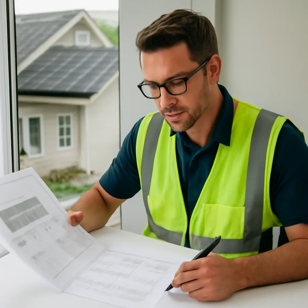 Solar consultant reviewing roof and electrical details for a Colwood, BC project
