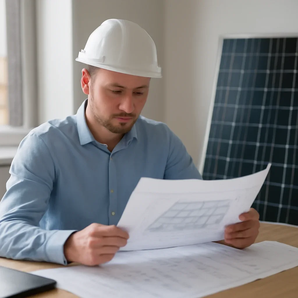 Solar consultant reviewing roof and electrical details for a Comox, BC project