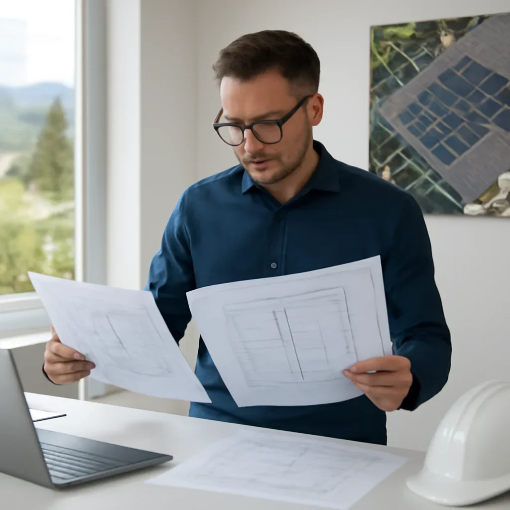 Solar consultant reviewing roof and electrical details for a Cranbrook, BC project