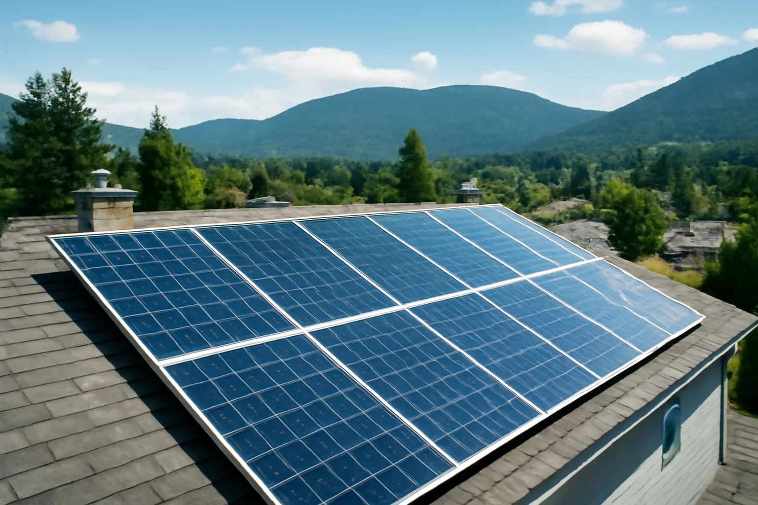 Rooftop solar panels on a property in Cumberland, BC
