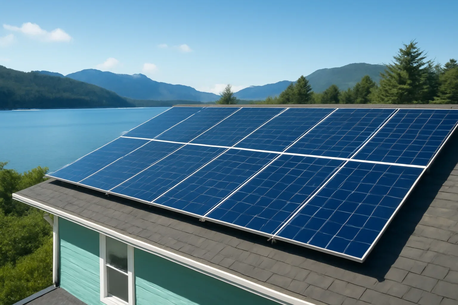 Rooftop solar panels on a property in Daajing Giids, BC