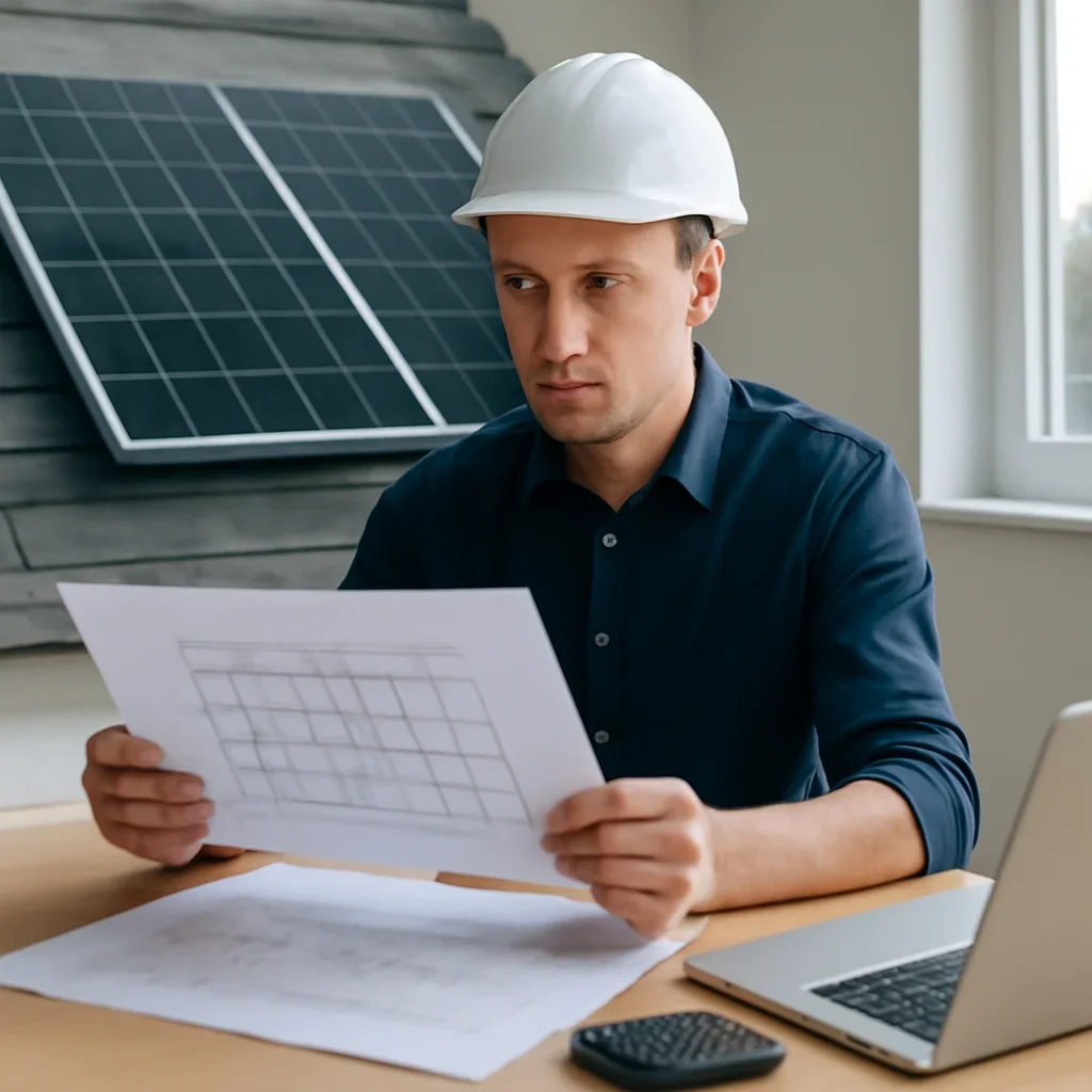 Solar consultant reviewing roof and electrical details for a Daajing Giids, BC project