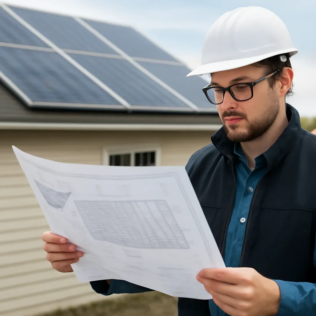 Solar consultant reviewing roof and electrical details for a Dawson Creek, BC project