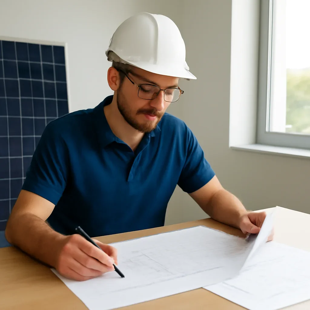 Solar consultant reviewing roof and electrical details for a Duncan, BC project