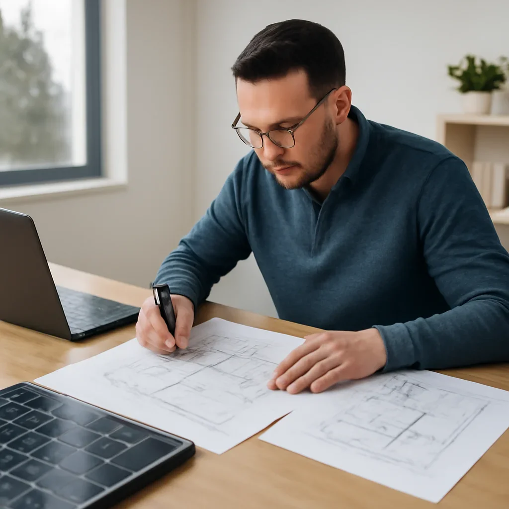 Solar consultant reviewing roof and electrical details for a Elkford, BC project