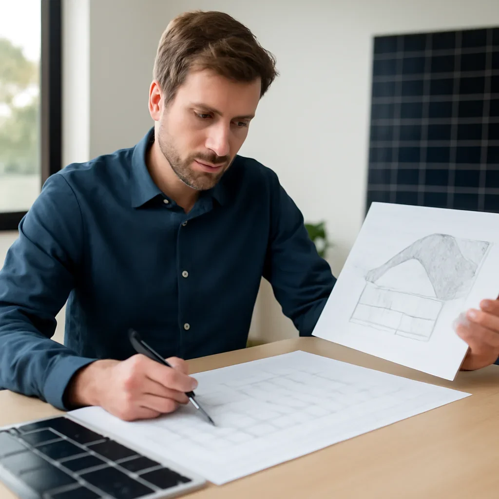 Solar consultant reviewing roof and electrical details for a Enderby, BC project