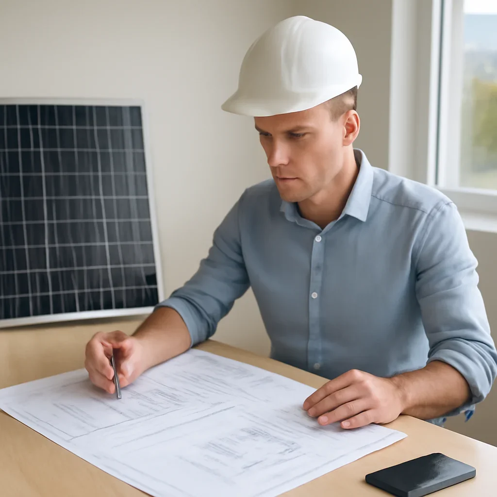 Solar consultant reviewing roof and electrical details for a Fernie, BC project