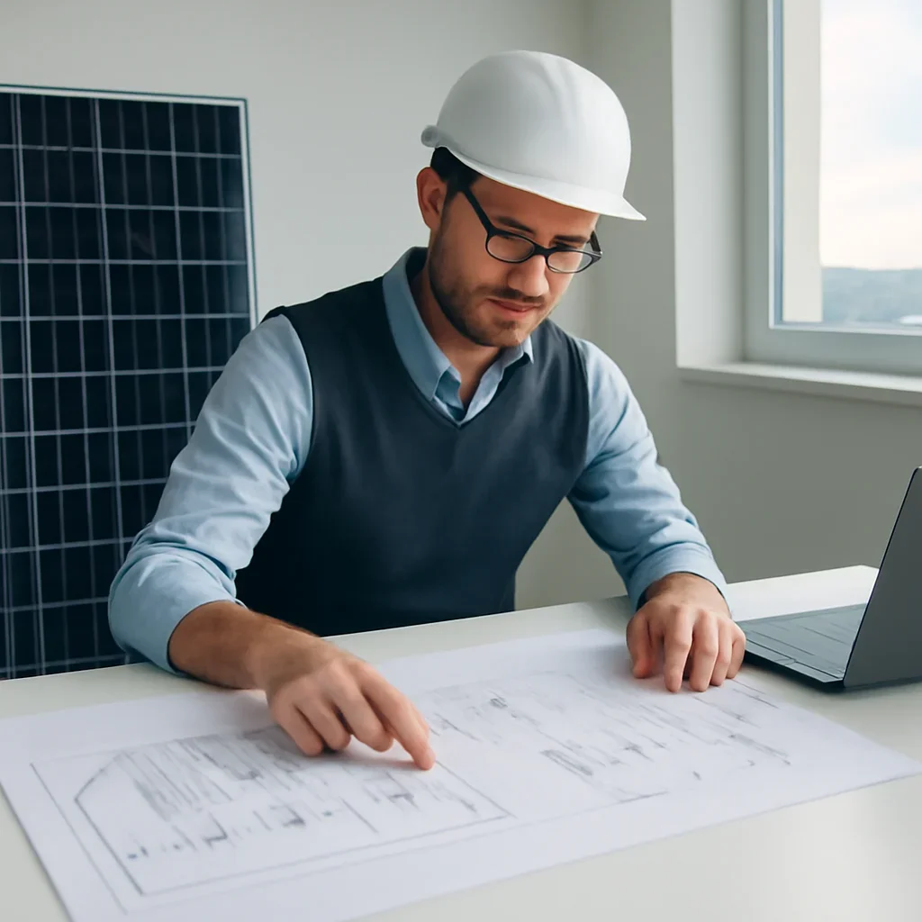 Solar consultant reviewing roof and electrical details for a Fraser Valley project
