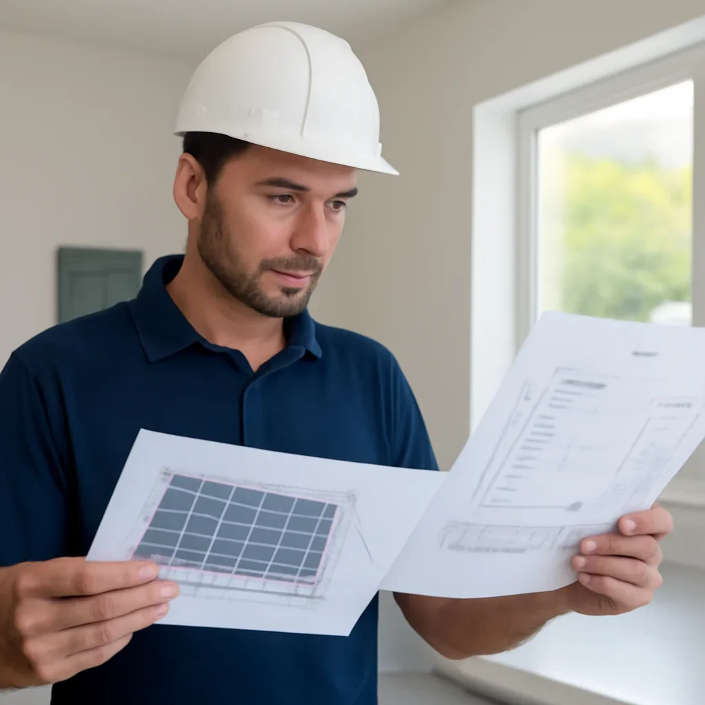 Solar consultant reviewing roof and electrical details for a Fruitvale, BC project