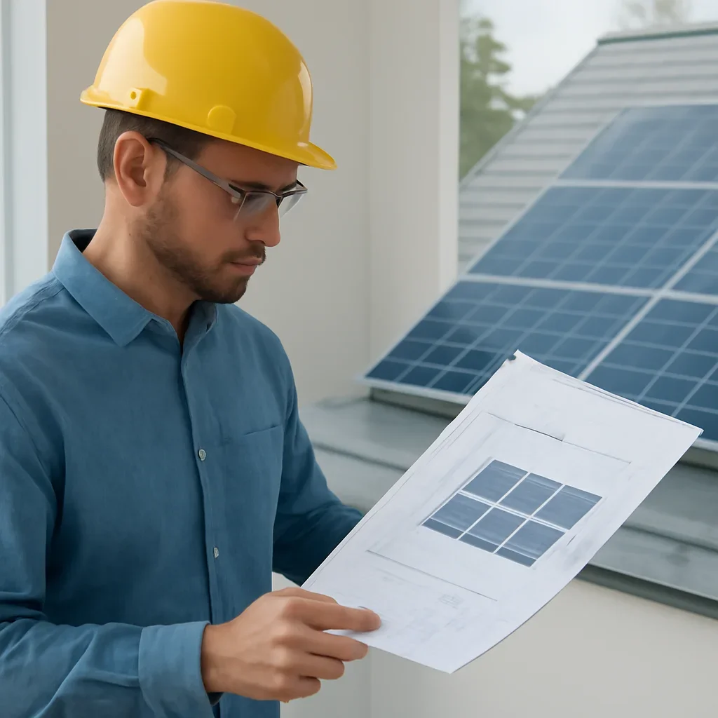 Solar consultant reviewing roof and electrical details for a Gold River, BC project