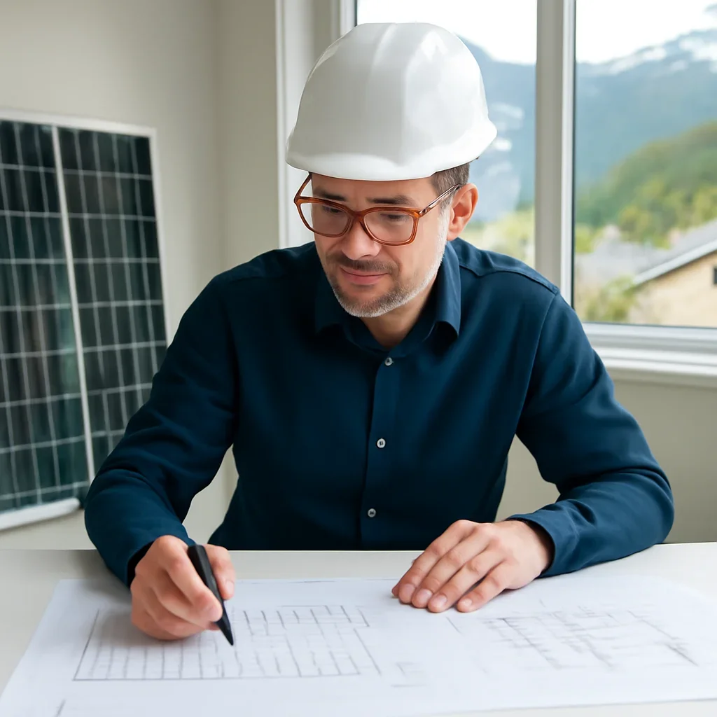 Solar consultant reviewing roof and electrical details for a Golden, BC project