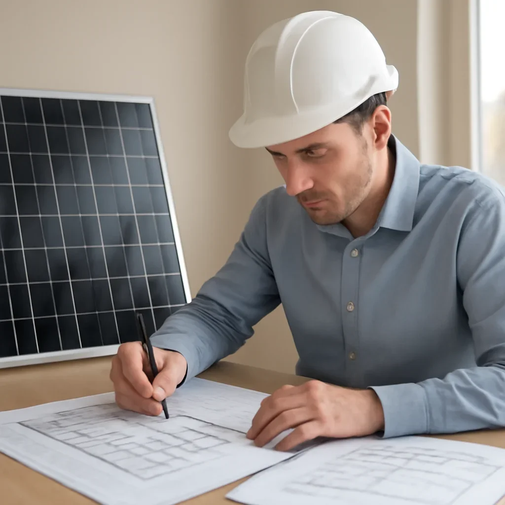Solar consultant reviewing roof and electrical details for a Grand Forks, BC project