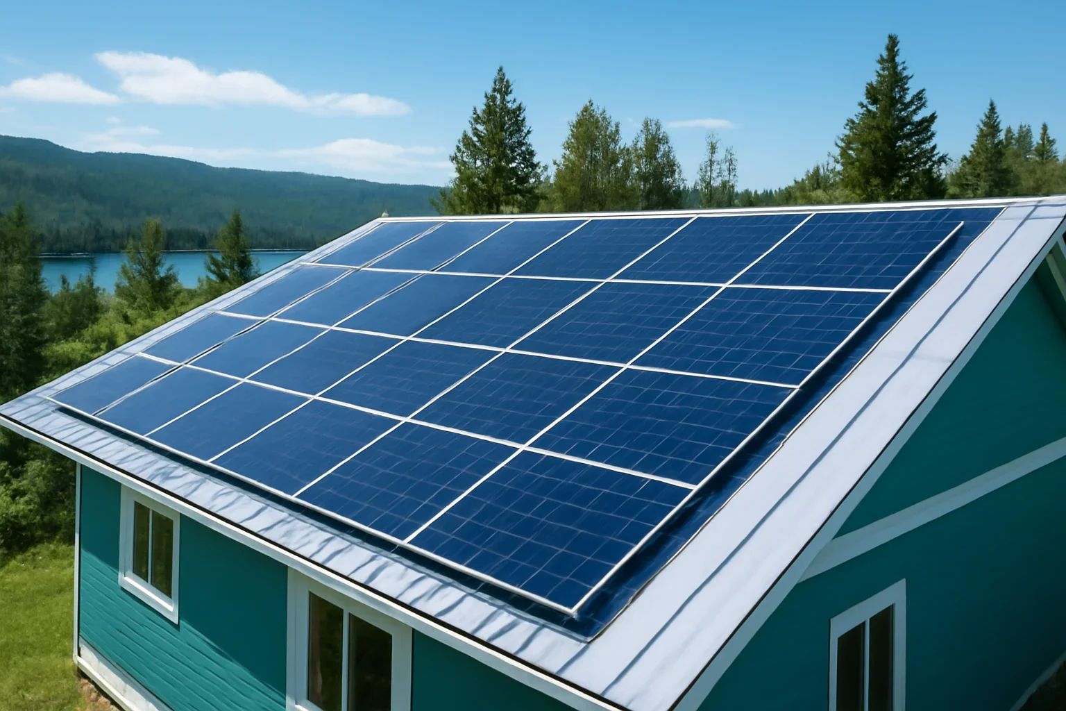Rooftop solar panels on a property in Granisle, BC
