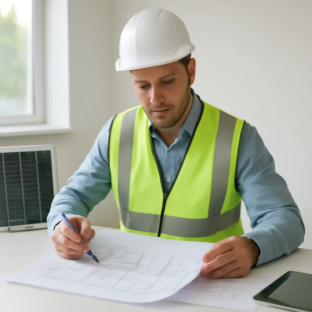 Solar consultant reviewing roof and electrical details for a Greenwood, BC project