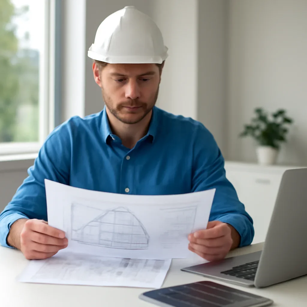 Solar consultant reviewing roof and electrical details for a Harrison Hot Springs, BC project