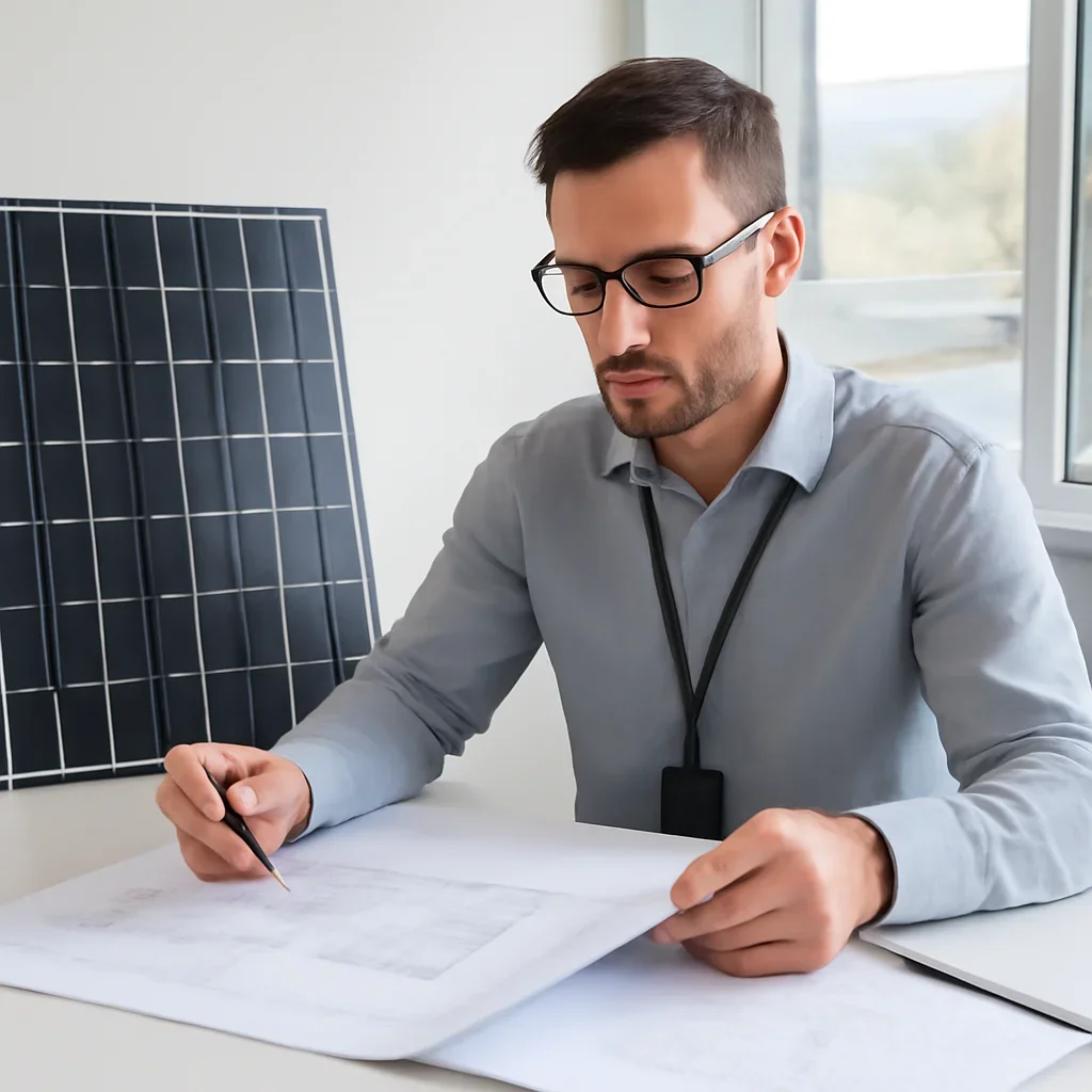Solar consultant reviewing roof and electrical details for a Hazelton, BC project