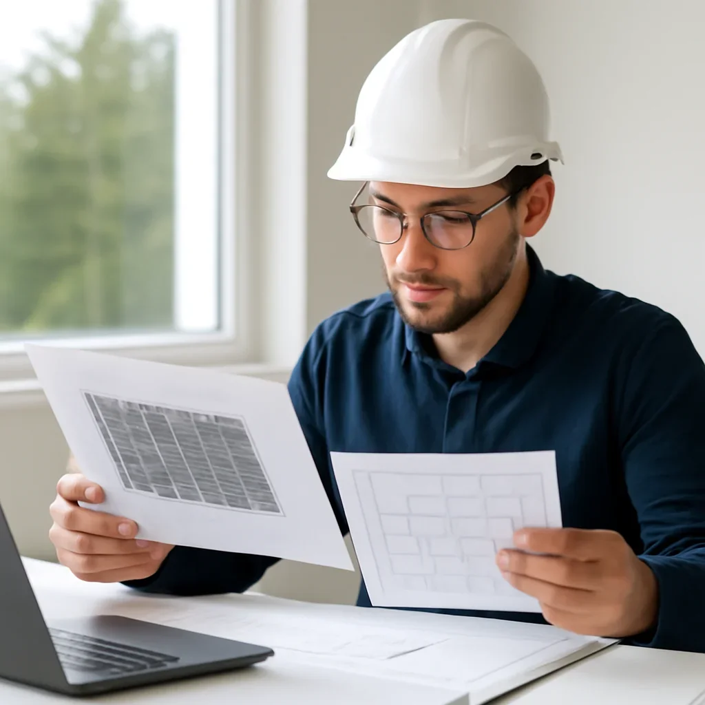 Solar consultant reviewing roof and electrical details for a Highlands, BC project