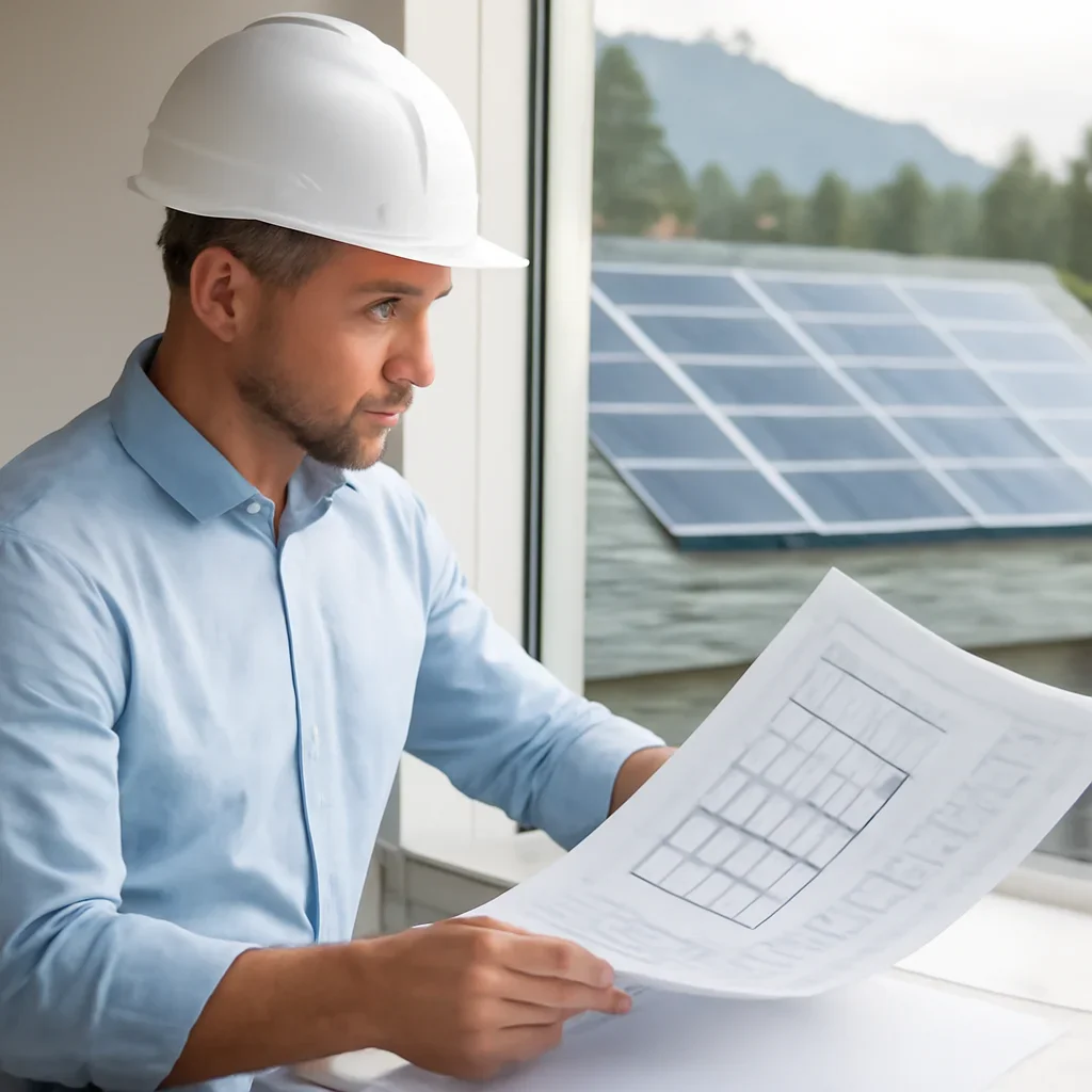 Solar consultant reviewing roof and electrical details for a Hope, BC project