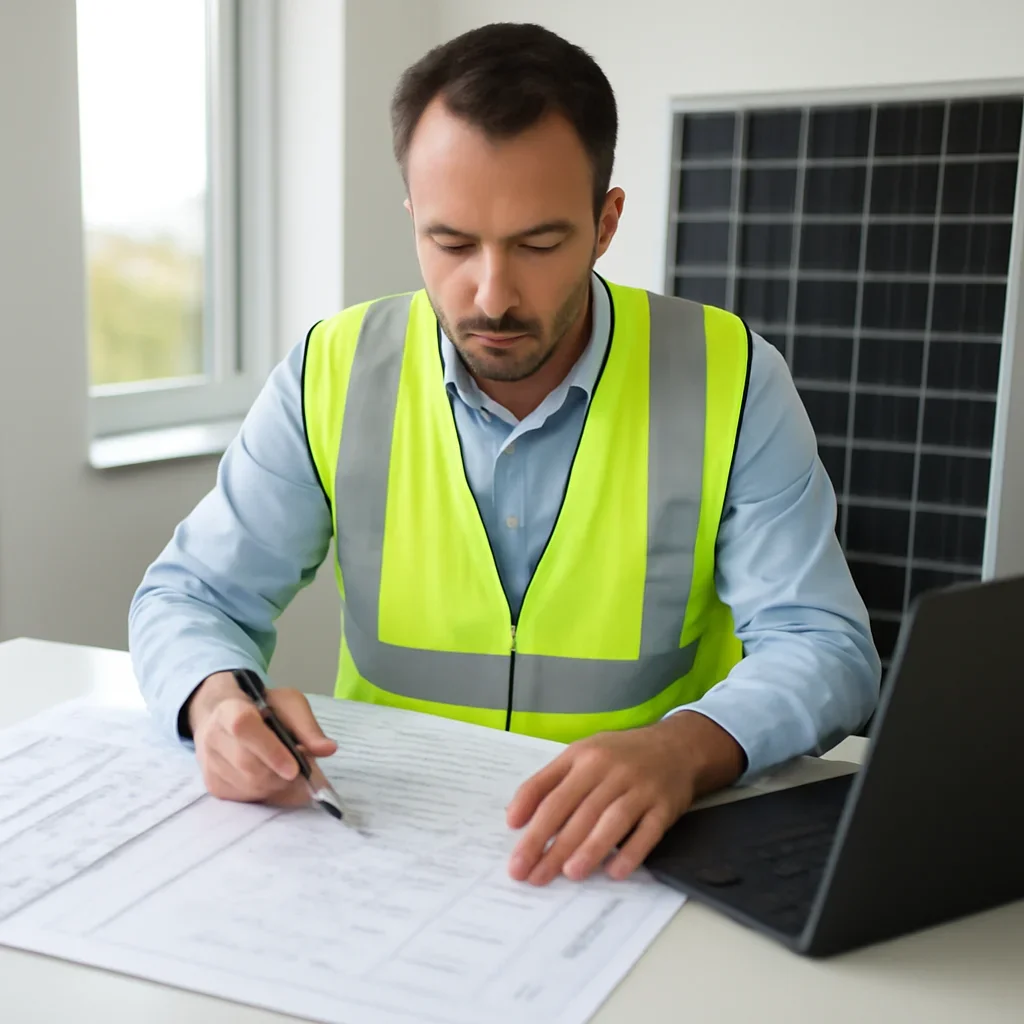 Solar consultant reviewing roof and electrical details for a Houston, BC project