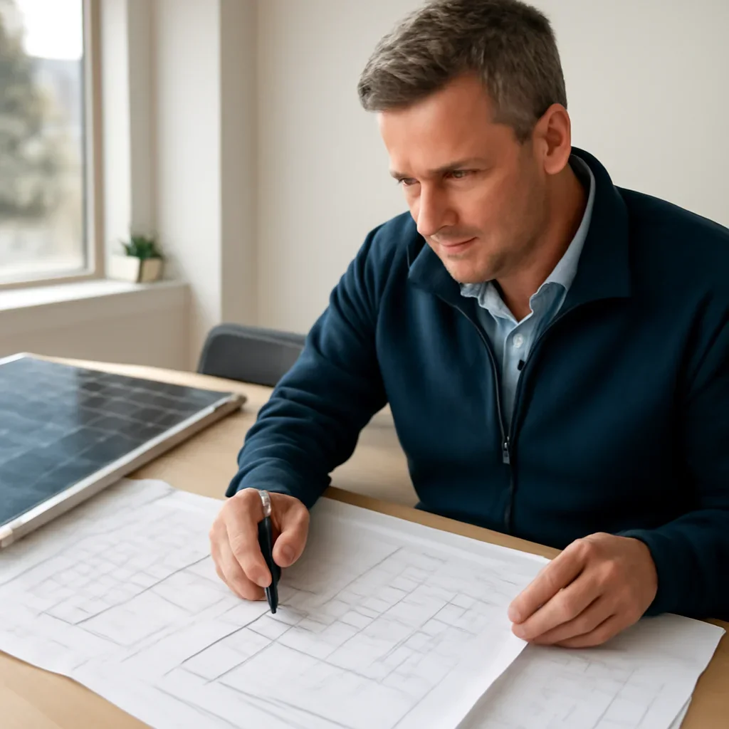 Solar consultant reviewing roof and electrical details for a Invermere, BC project