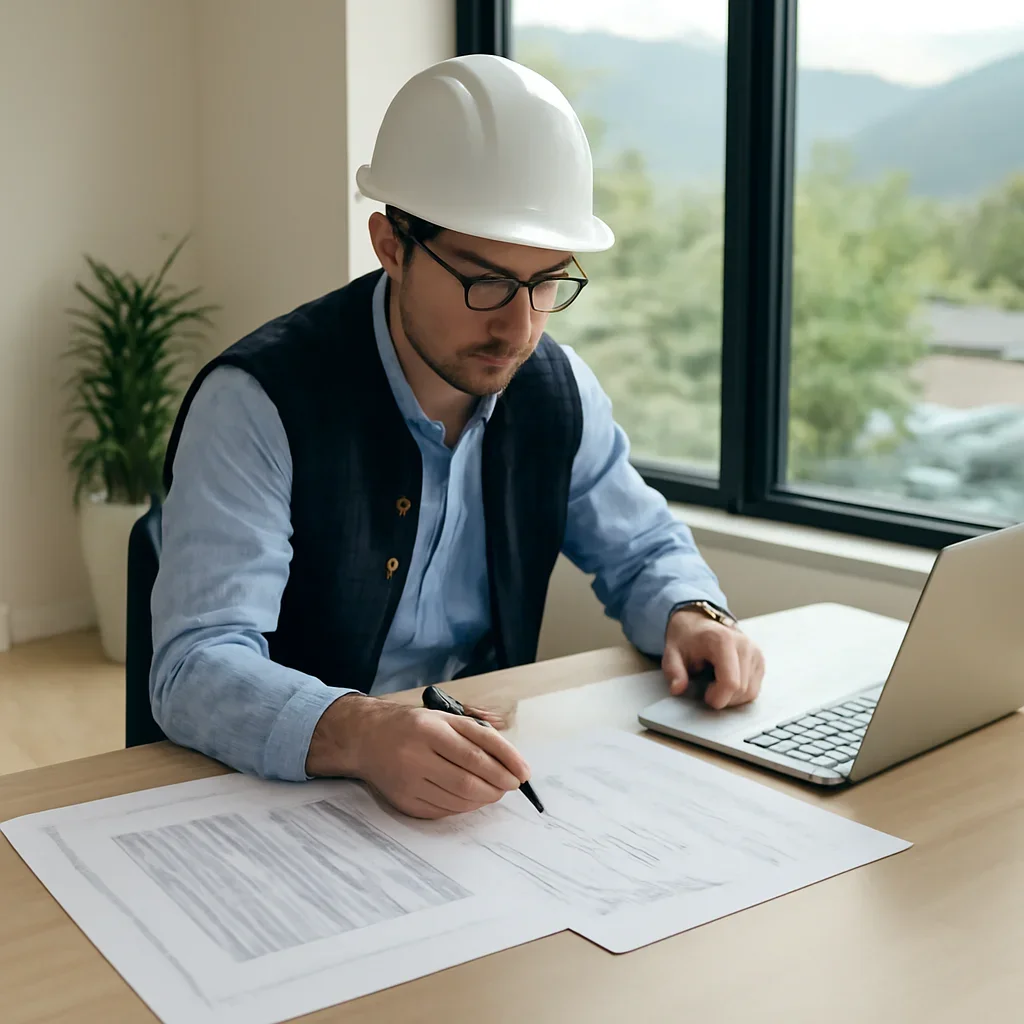 Solar consultant reviewing roof and electrical details for a Kaslo, BC project