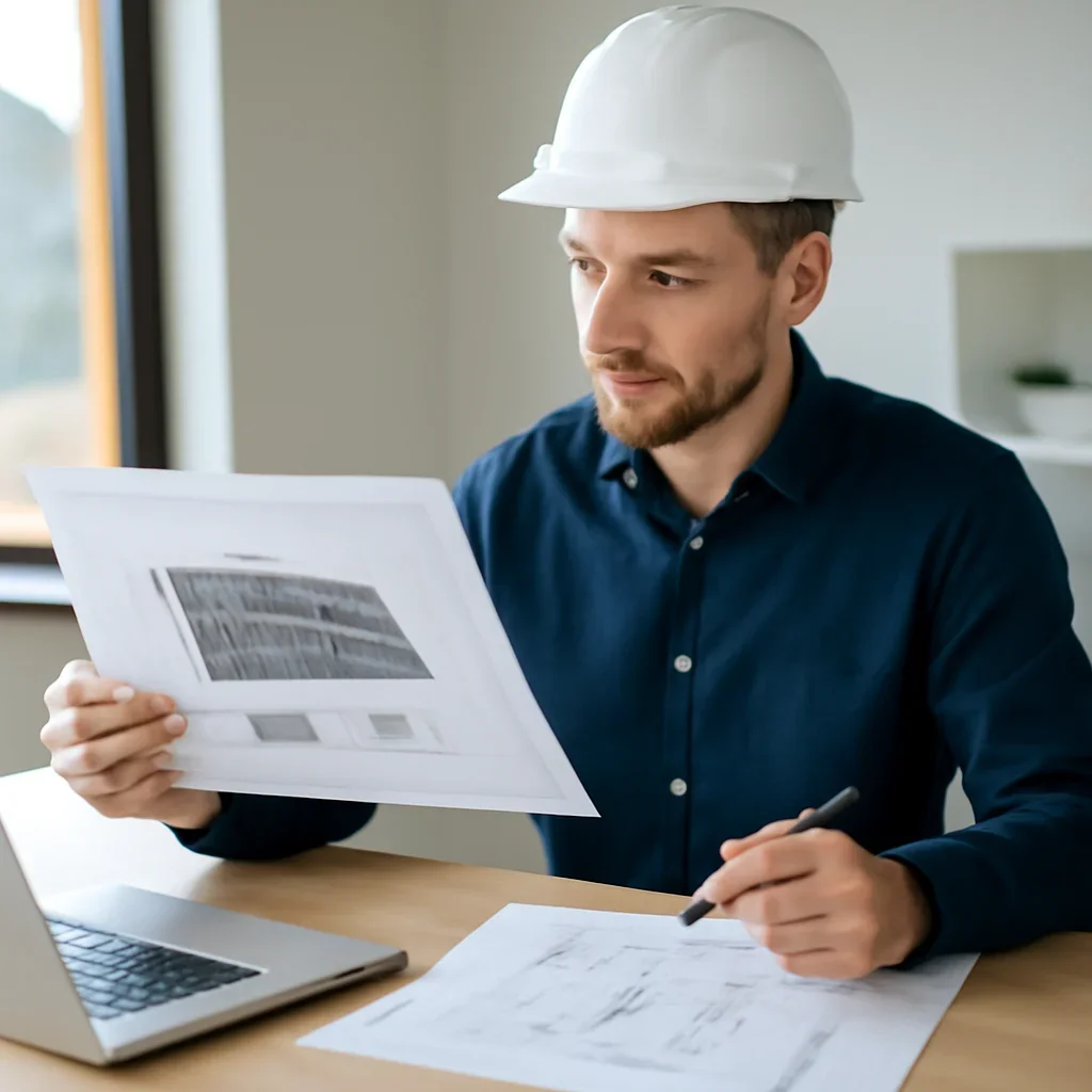 Solar consultant reviewing roof and electrical details for a Kimberley, BC project