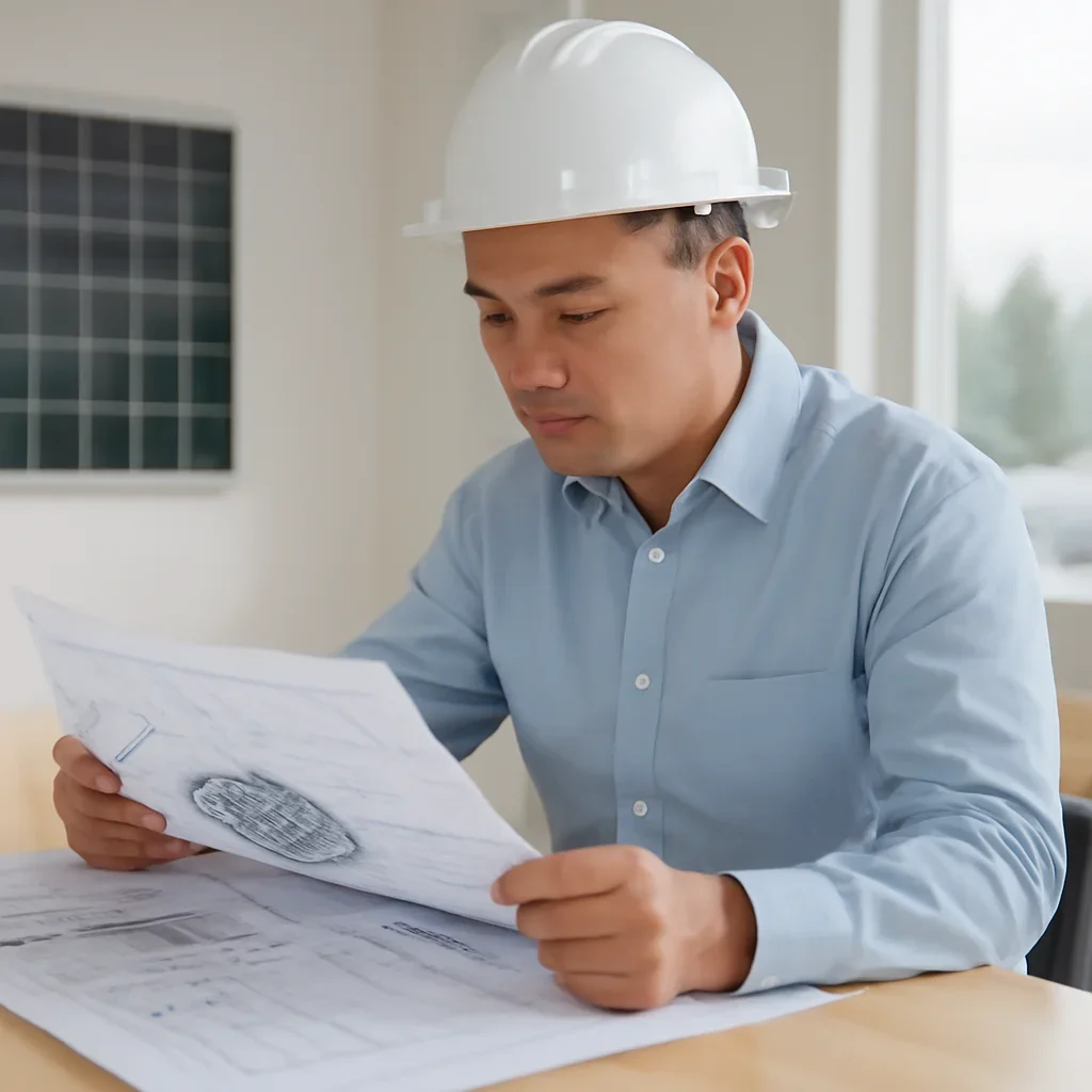 Solar consultant reviewing roof and electrical details for a Kitimat, BC project