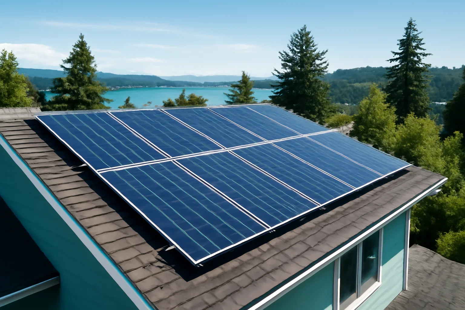 Rooftop solar panels on a property in Ladysmith, BC