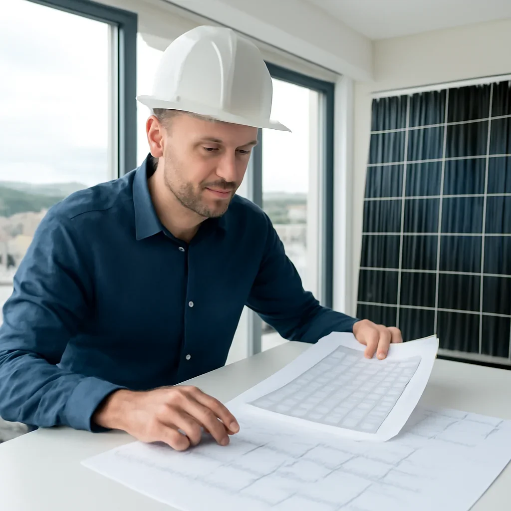 Solar consultant reviewing roof and electrical details for a Ladysmith, BC project