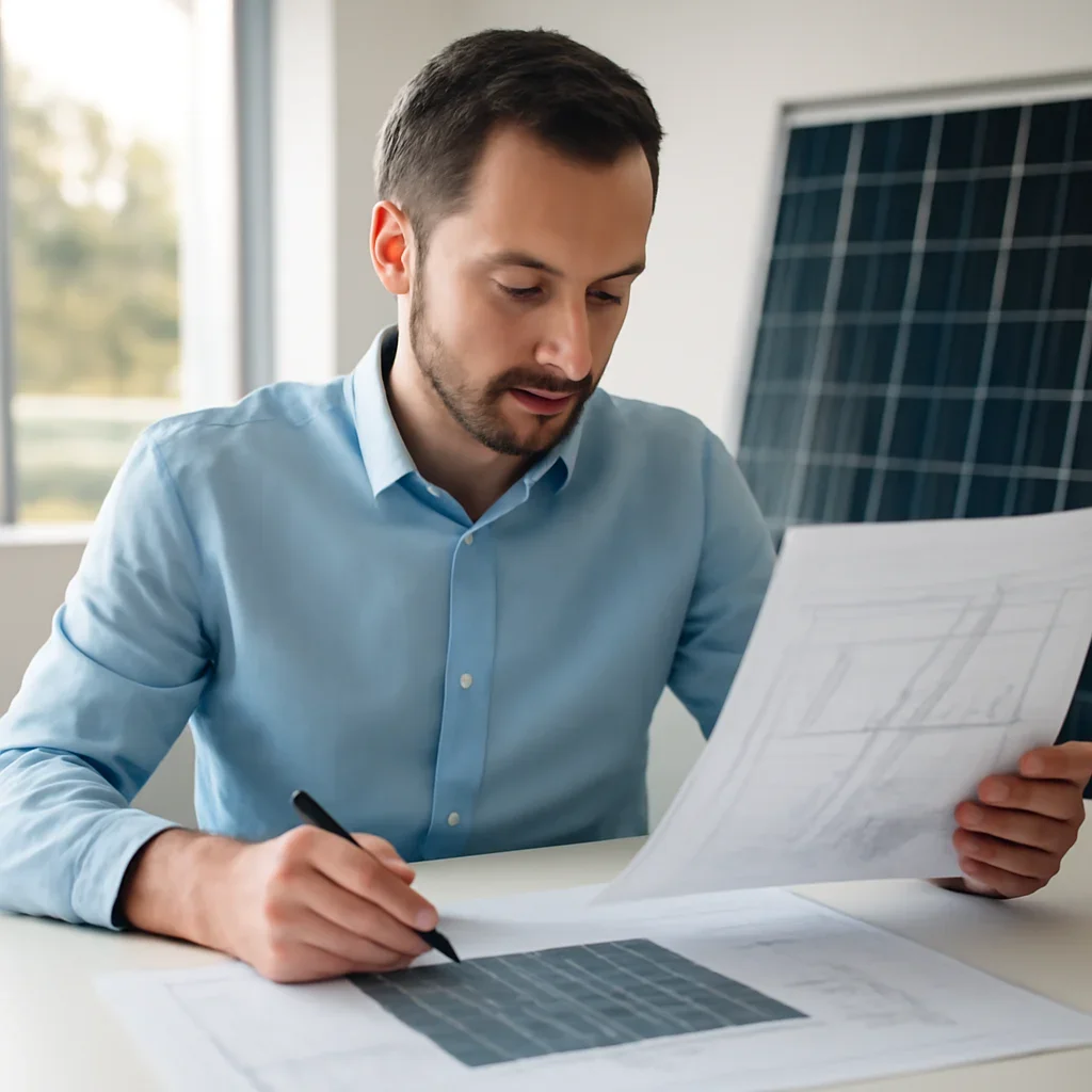 Solar consultant reviewing roof and electrical details for a Lake Country, BC project