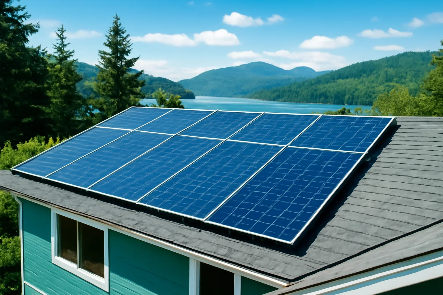 Rooftop solar panels on a property in Lake Cowichan, BC