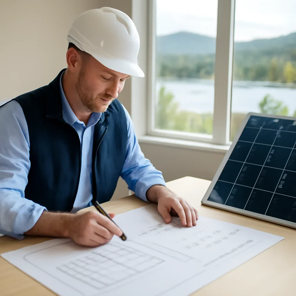 Solar consultant reviewing roof and electrical details for a Lake Cowichan, BC project