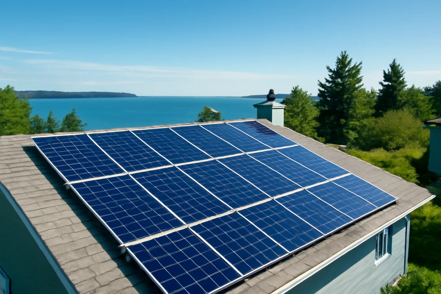 Rooftop solar panels on a property in Lantzville, BC