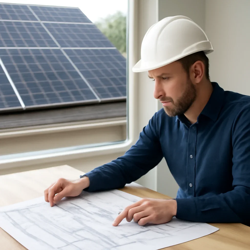 Solar consultant reviewing roof and electrical details for a Lantzville, BC project