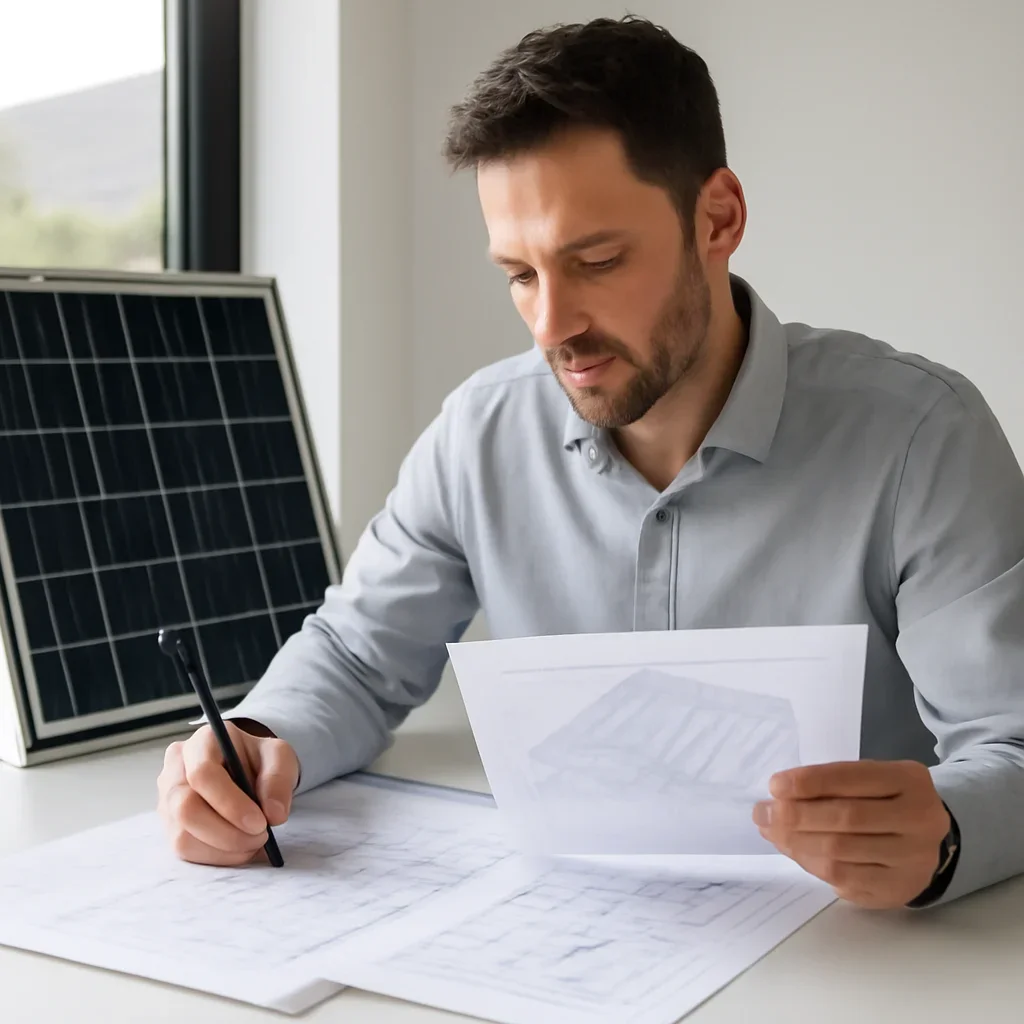 Solar consultant reviewing roof and electrical details for a Lillooet, BC project