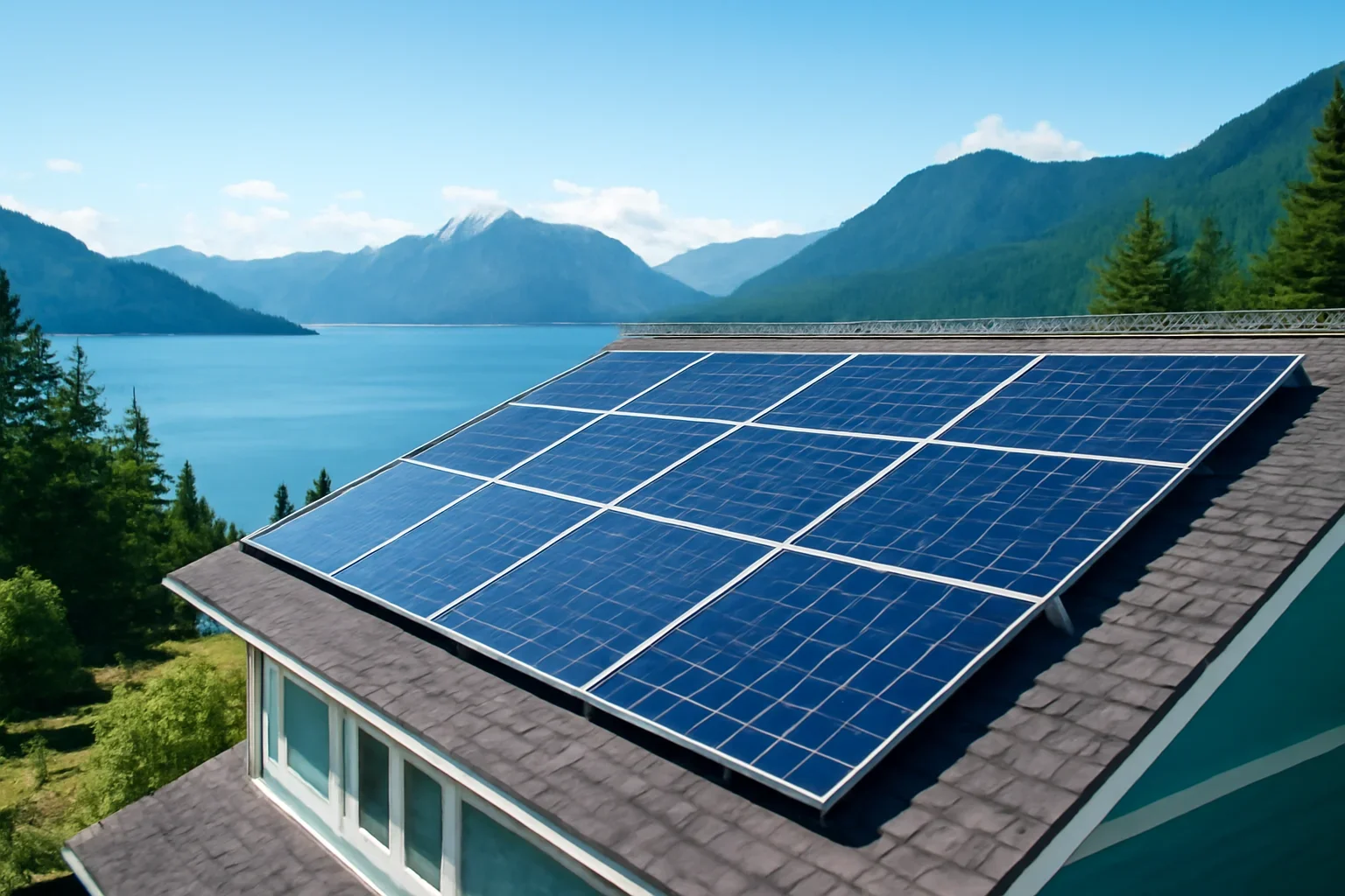 Rooftop solar panels on a property in Lions Bay, BC