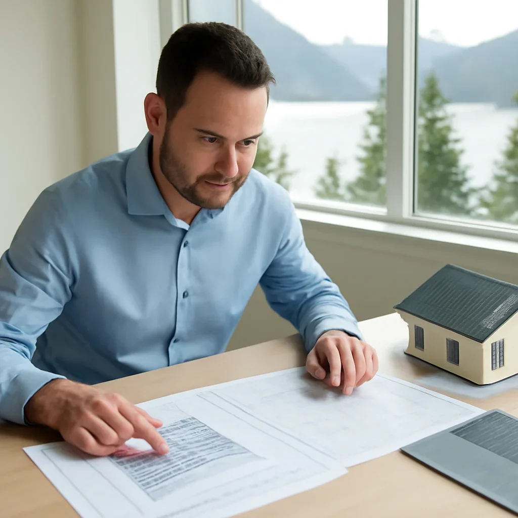 Solar consultant reviewing roof and electrical details for a Lions Bay, BC project