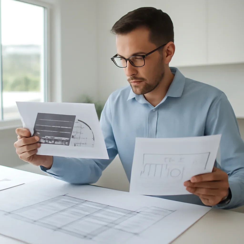 Solar consultant reviewing roof and electrical details for a Logan Lake, BC project